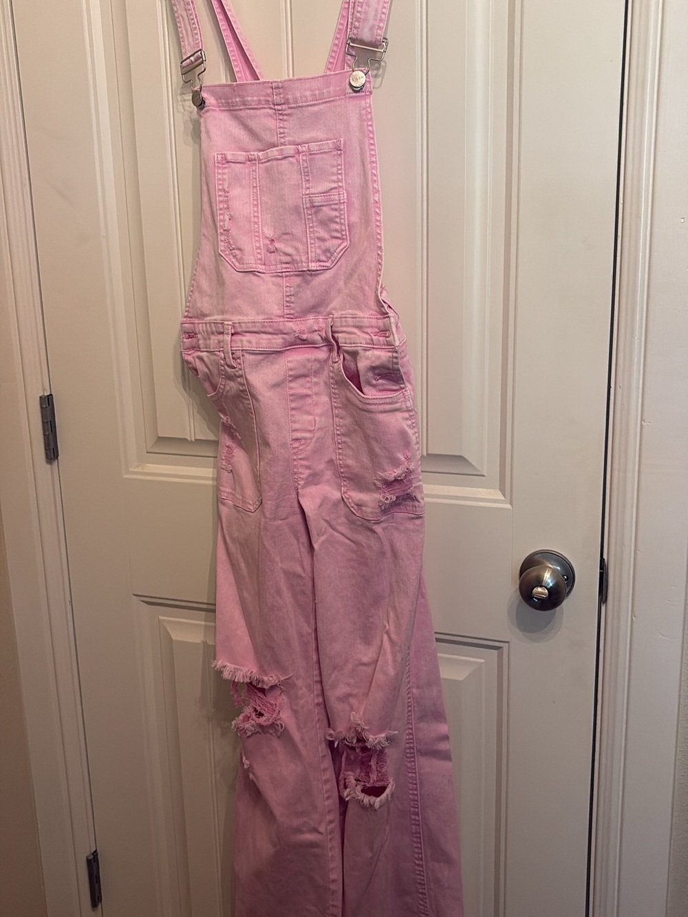 Pink Distressed Denim Overalls Jumpsuit